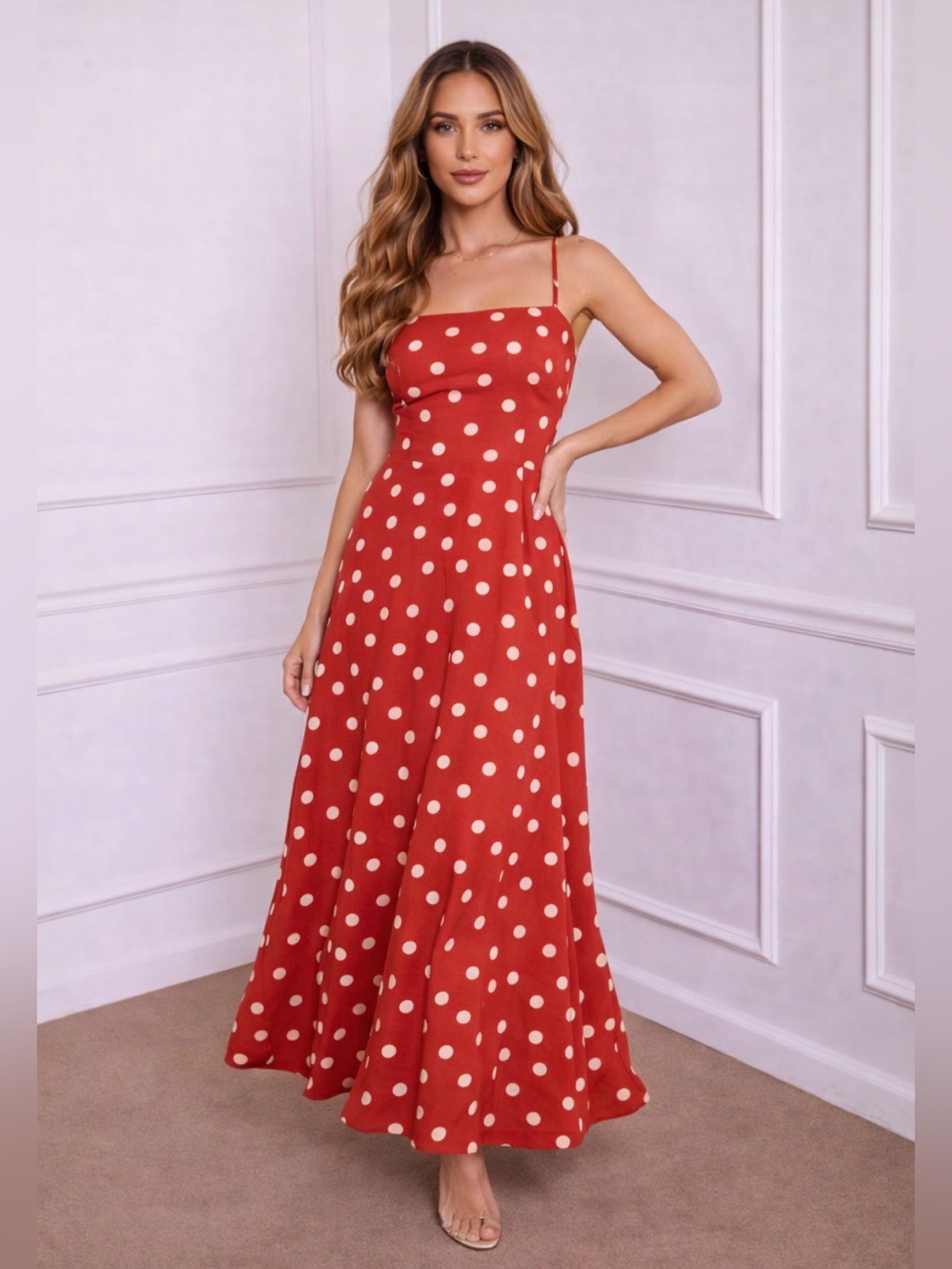 Polka Dot Red Maxi Dress With Open Back